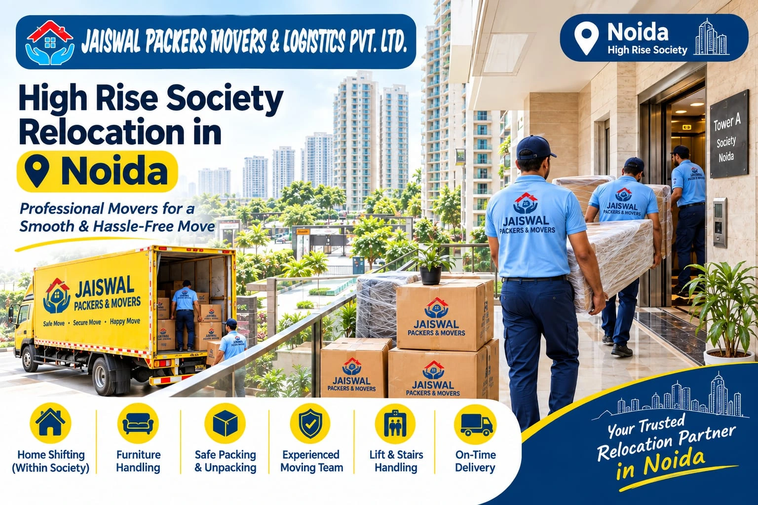 Movers handling a high-rise society relocation in Noida