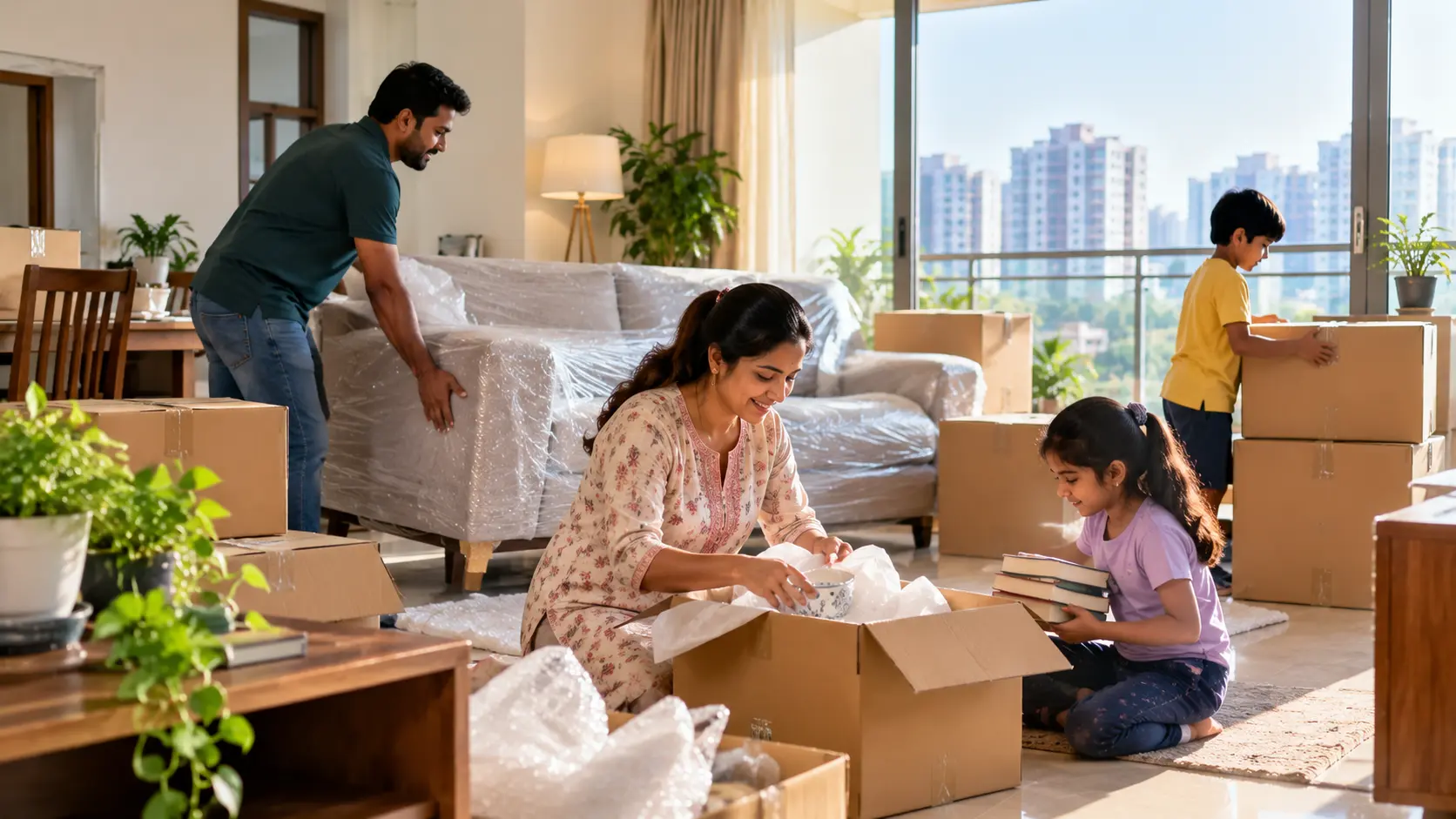 Family unpacking in a sunlit apartment after a local shift