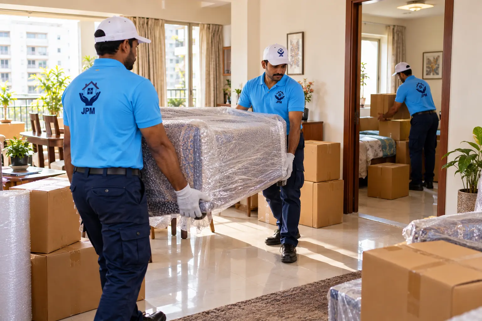 Professional movers handling wrapped furniture at delivery