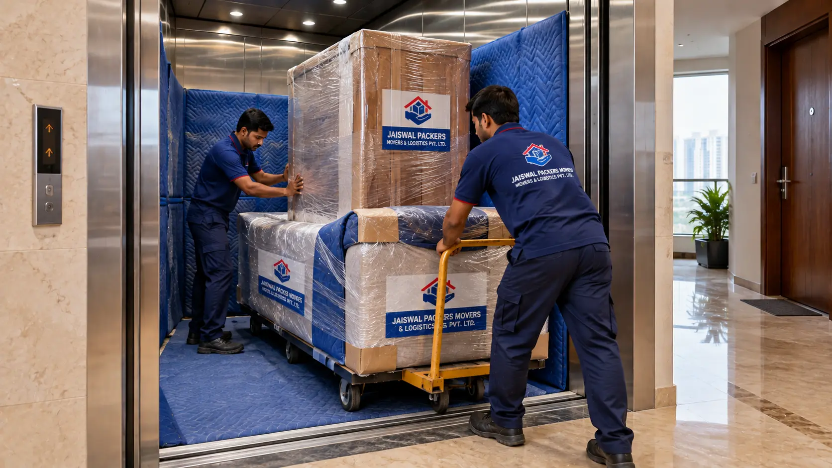 Professional movers loading furniture into a protected service elevator