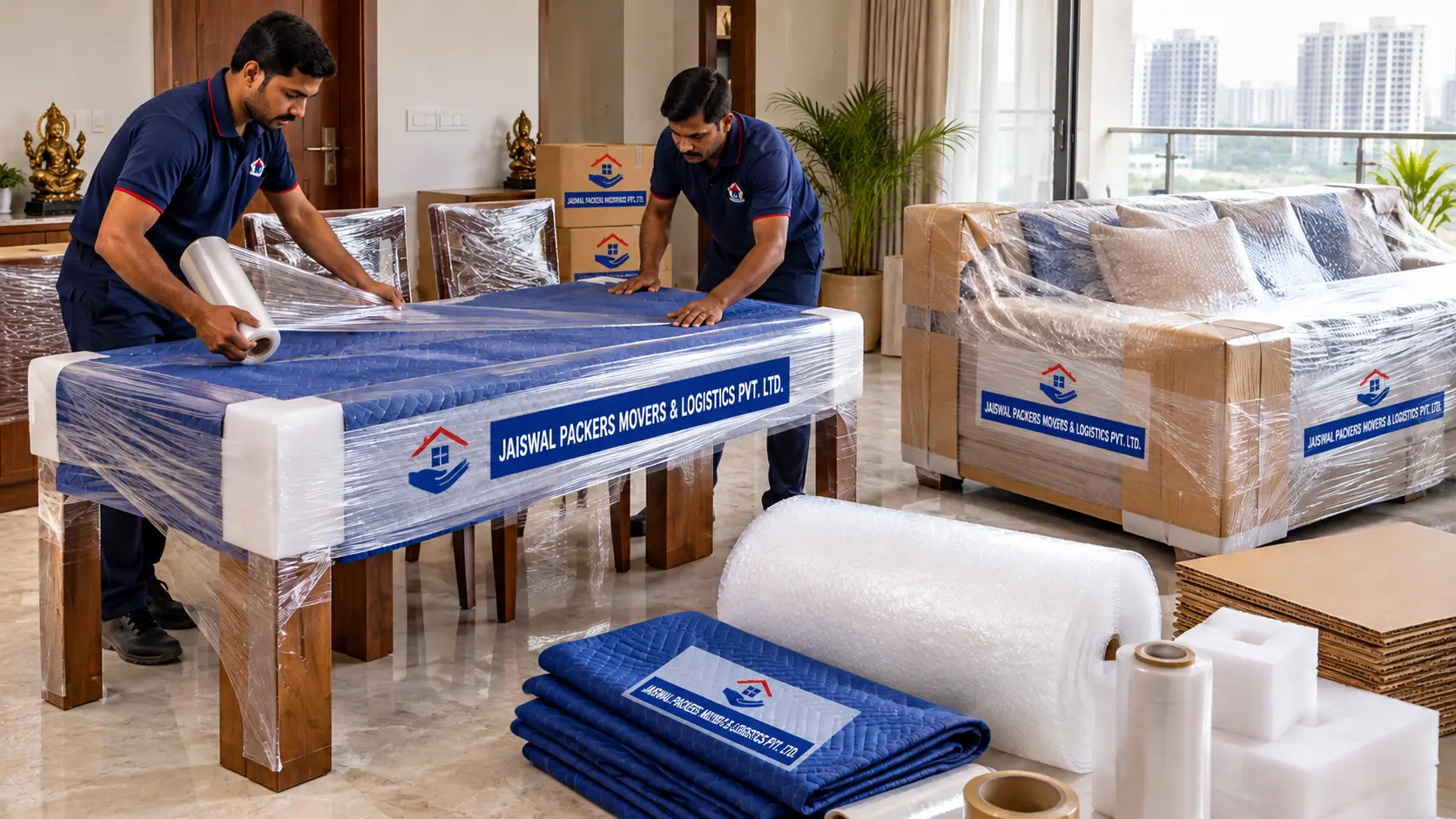 Professional movers packing furniture in a modern home