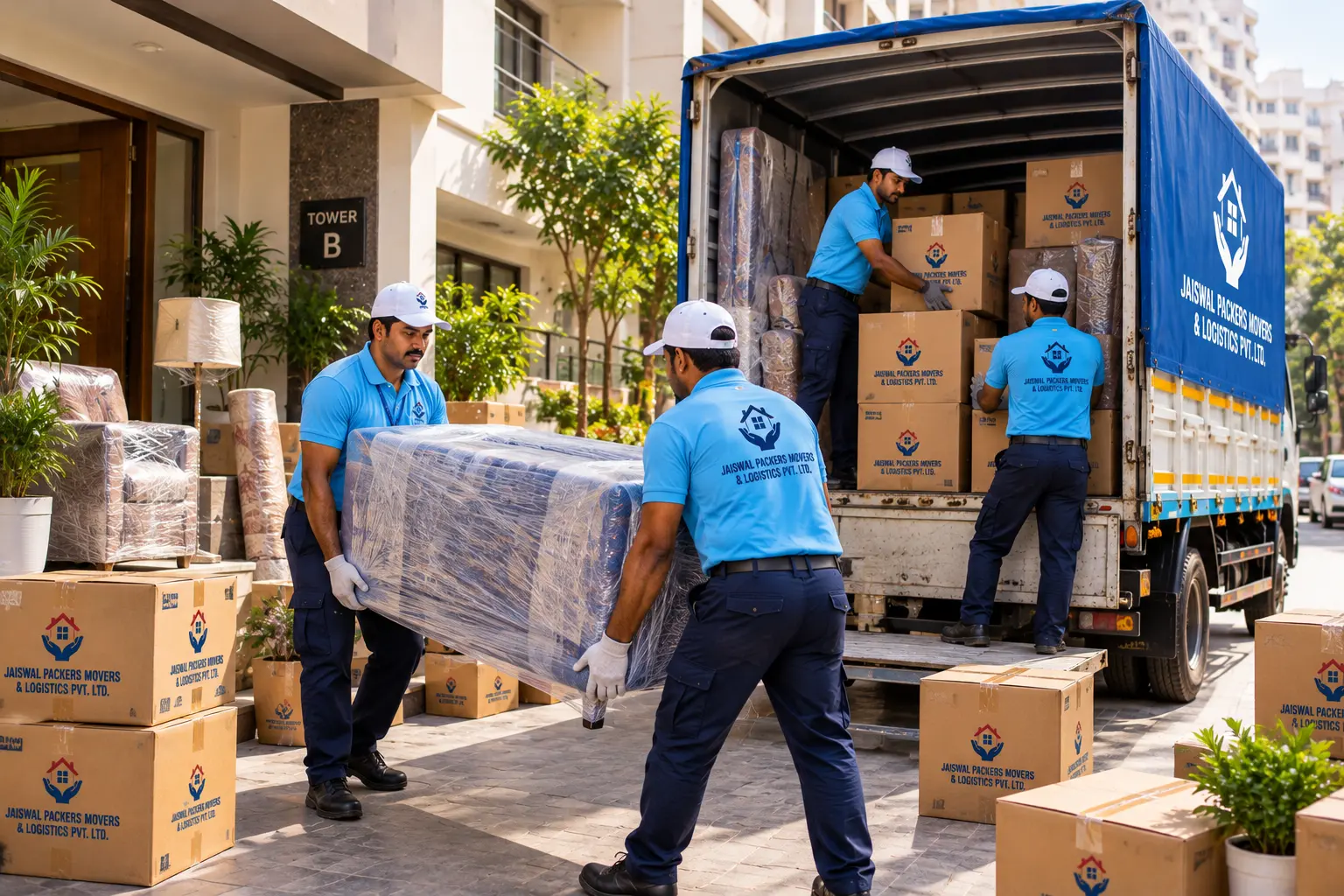 Professional moving team loading and transporting household goods